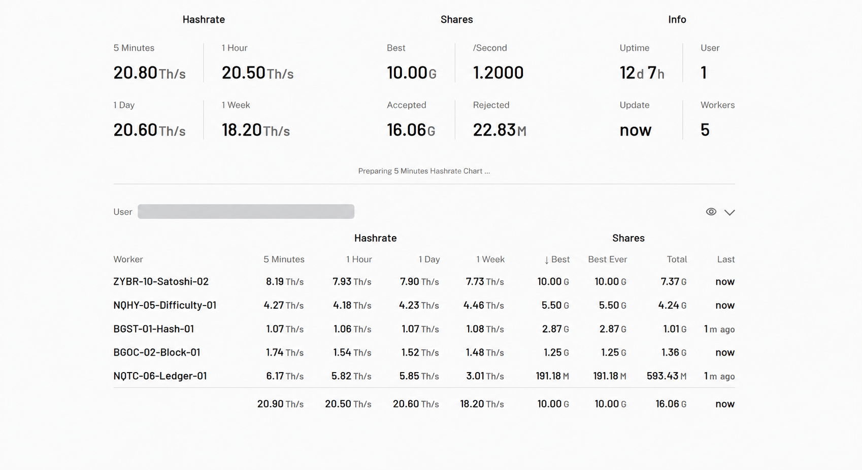Bassin worker overview with five named miners and the Bitcoin address concealed