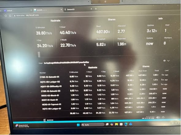 Bassin pool dashboard with the running home miners